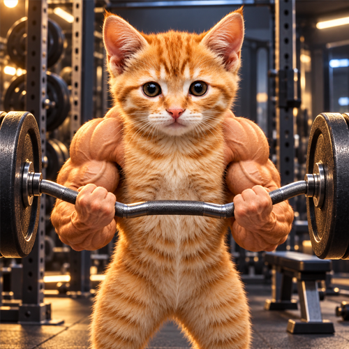 ArmCat curling a barbell inside a gym