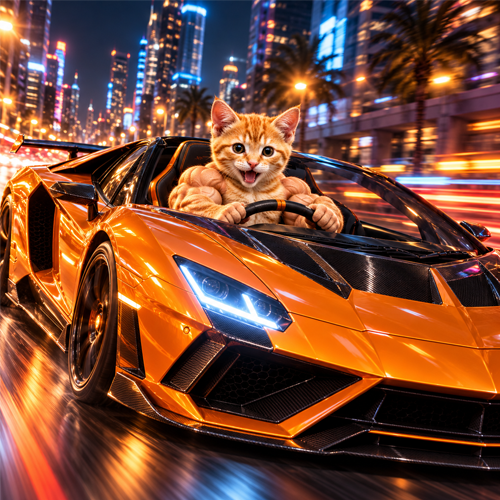 Muscular orange kitten driving an orange supercar through the city at night