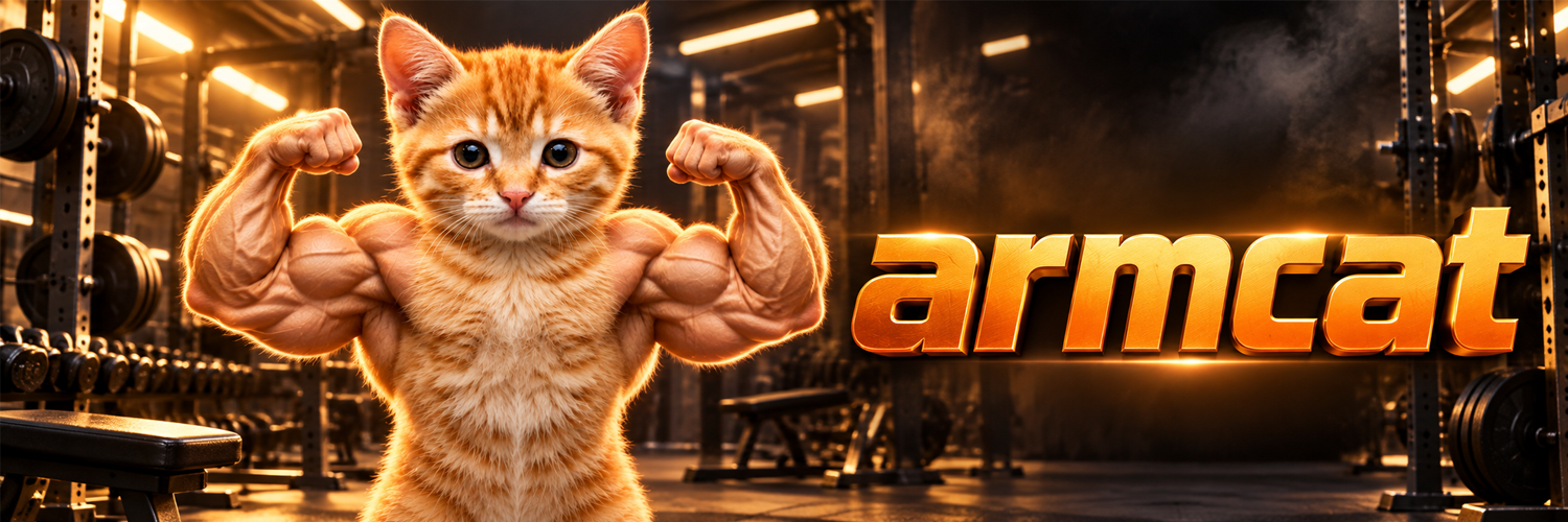 ArmCat flexing in a gym next to the armcat wordmark